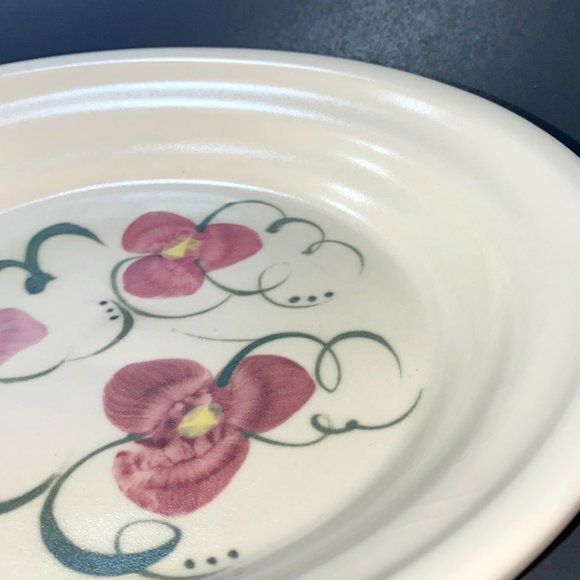 Vintage Pottery Round Plate Bowl Cream with Hand Painted Pink Flowers - Picture 2 of 4